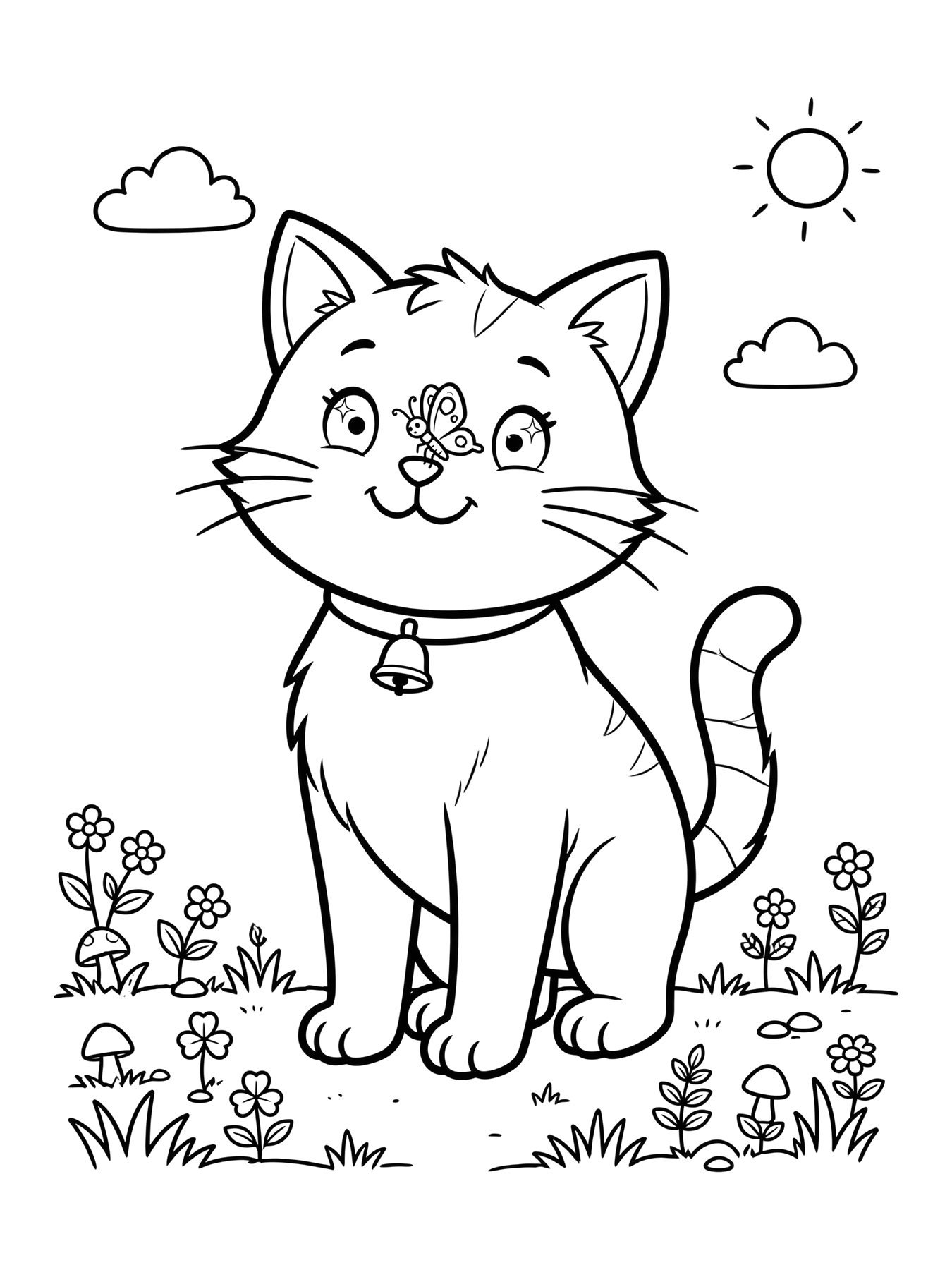 Desenho de gato com borboleta no nariz para colorir