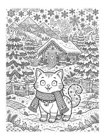 Desenho de gato com cachecol no inverno para colorir