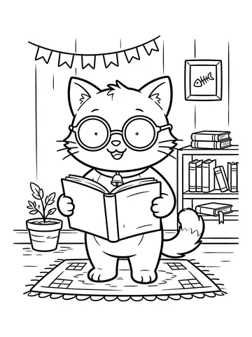Desenho de gato com óculos e livro para colorir