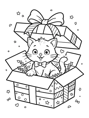Desenho de gato dentro de uma caixa de presente para colorir