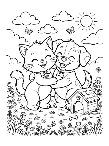 Desenho de gato e cachorro abraçados para colorir