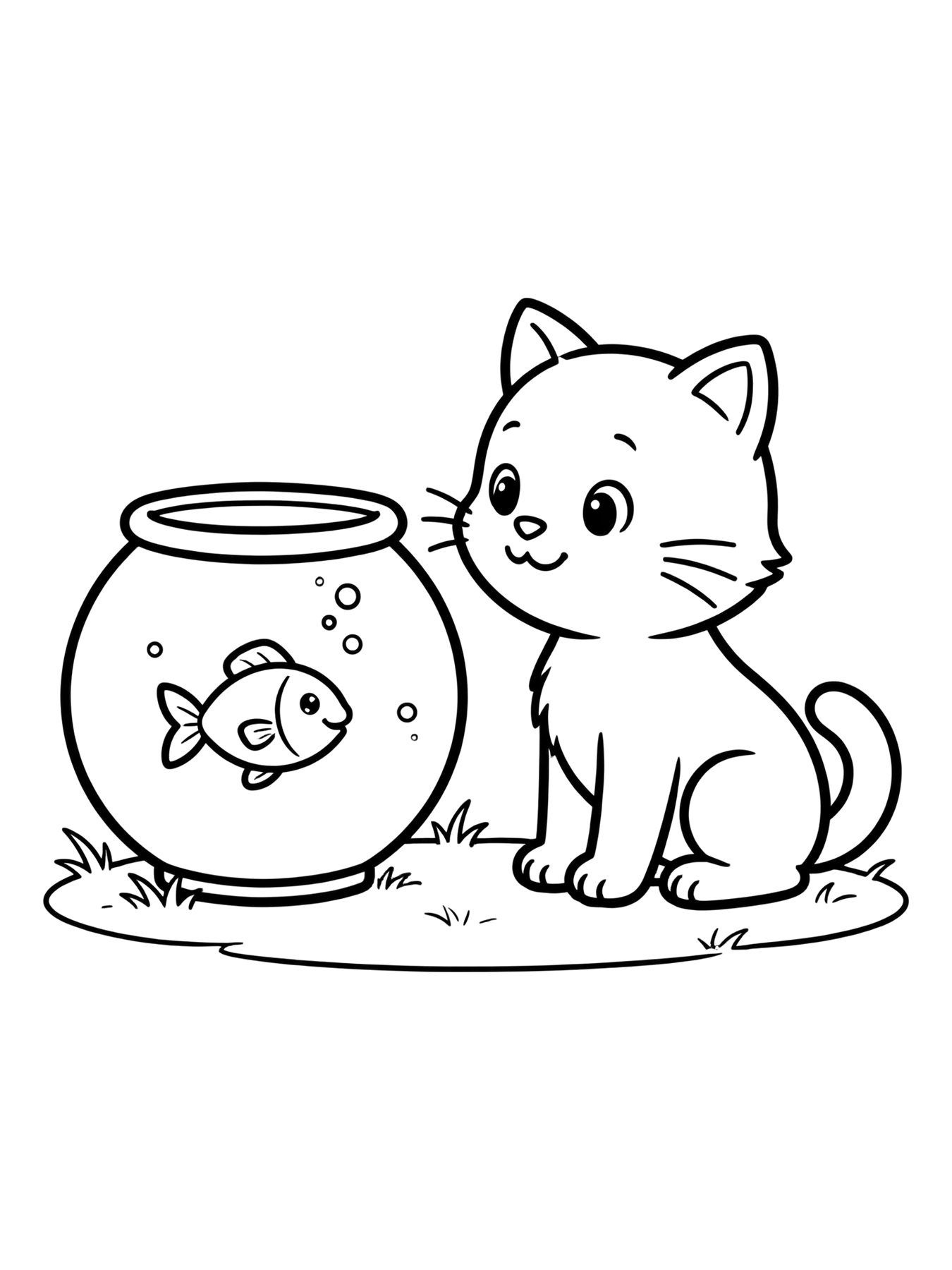 Desenho de gato e peixinho no aquário para colorir
