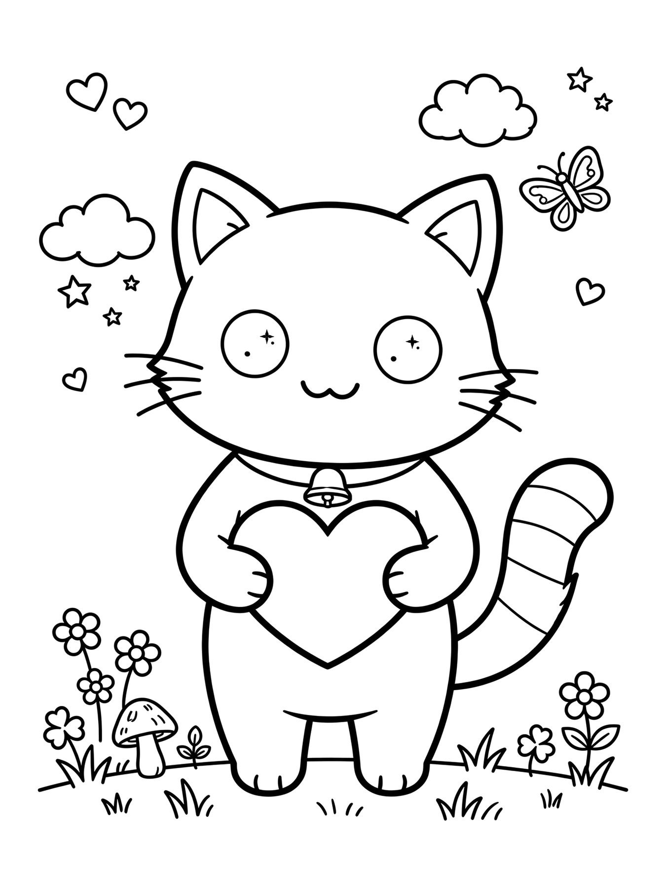 Desenho de gato kawaii com coração para colorir