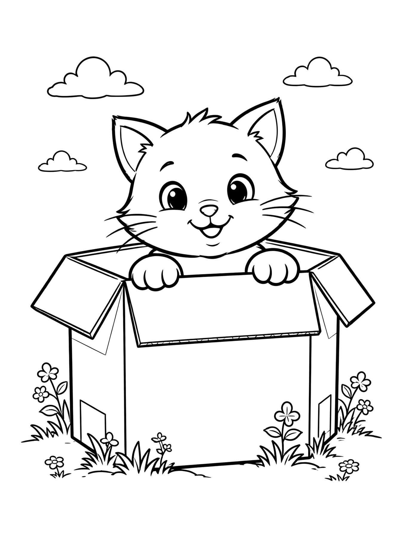 Desenho de gato na caixa de papelão para colorir
