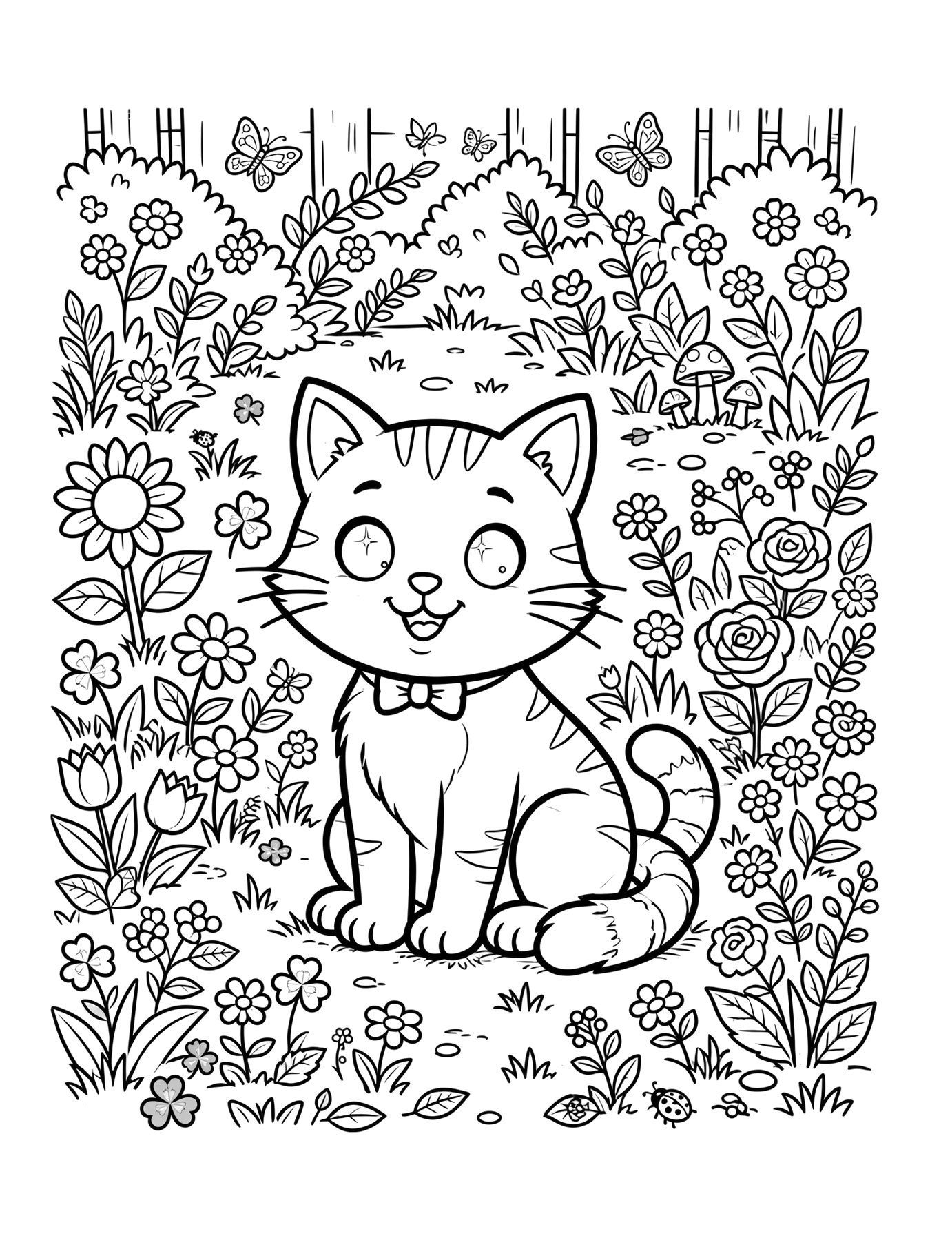 Desenho de gato no jardim com flores para colorir