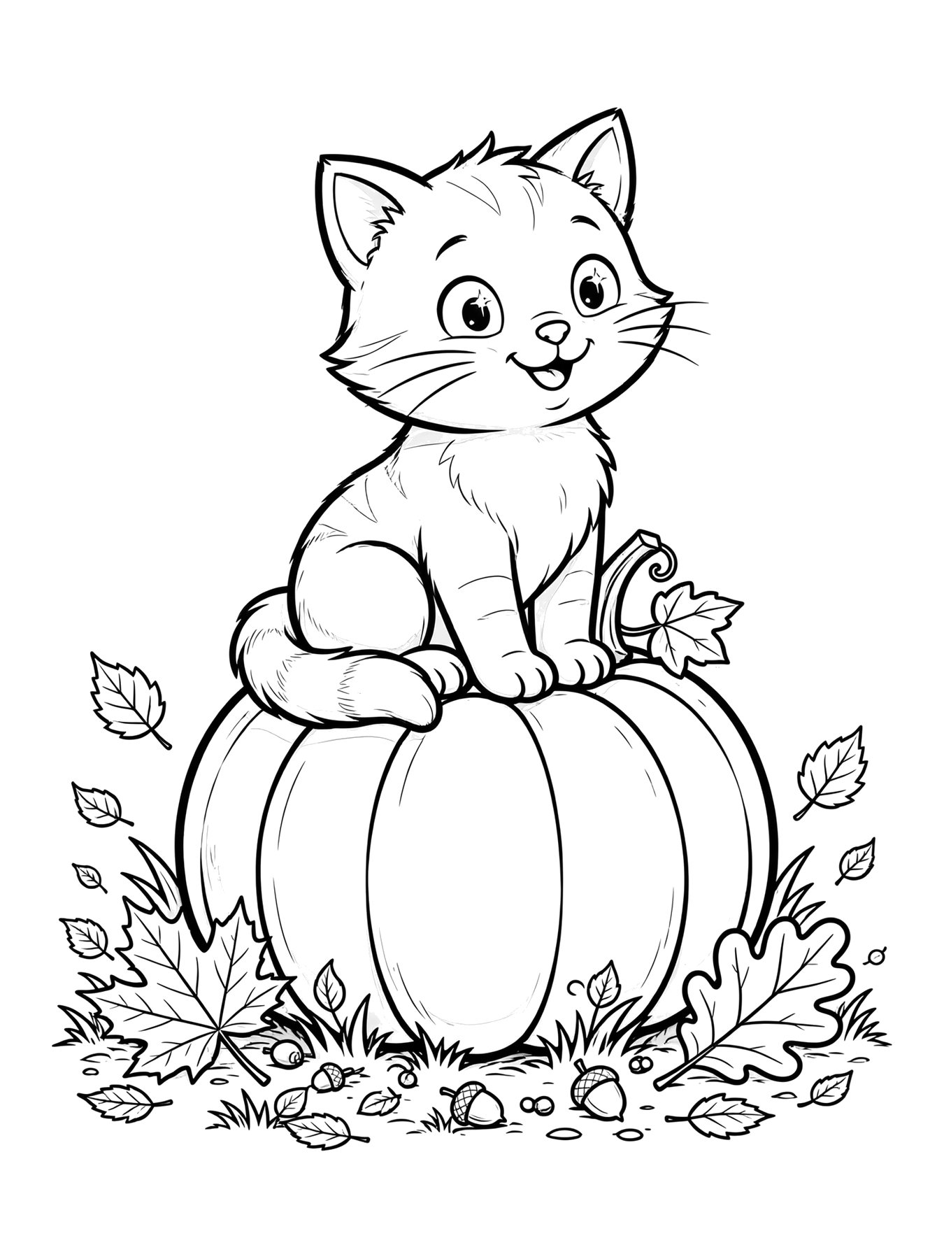 Desenho de gato preto fofo sentado em uma abóbora para colorir