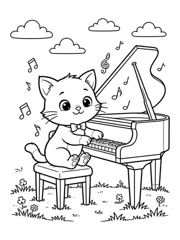 Desenho de gato tocando piano para colorir
