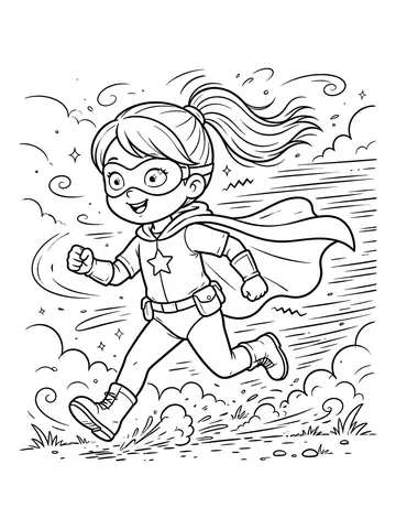 Desenho de heroína original correndo super rápida com linhas de velocidade para colorir