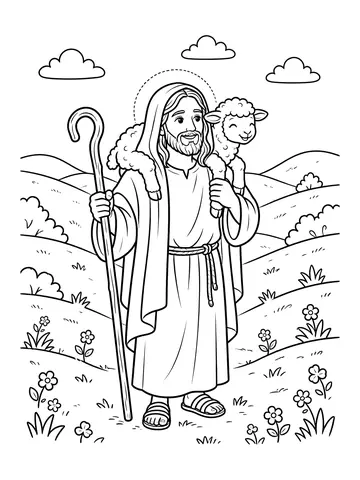 Desenho de jesus o bom pastor com ovelha para colorir
