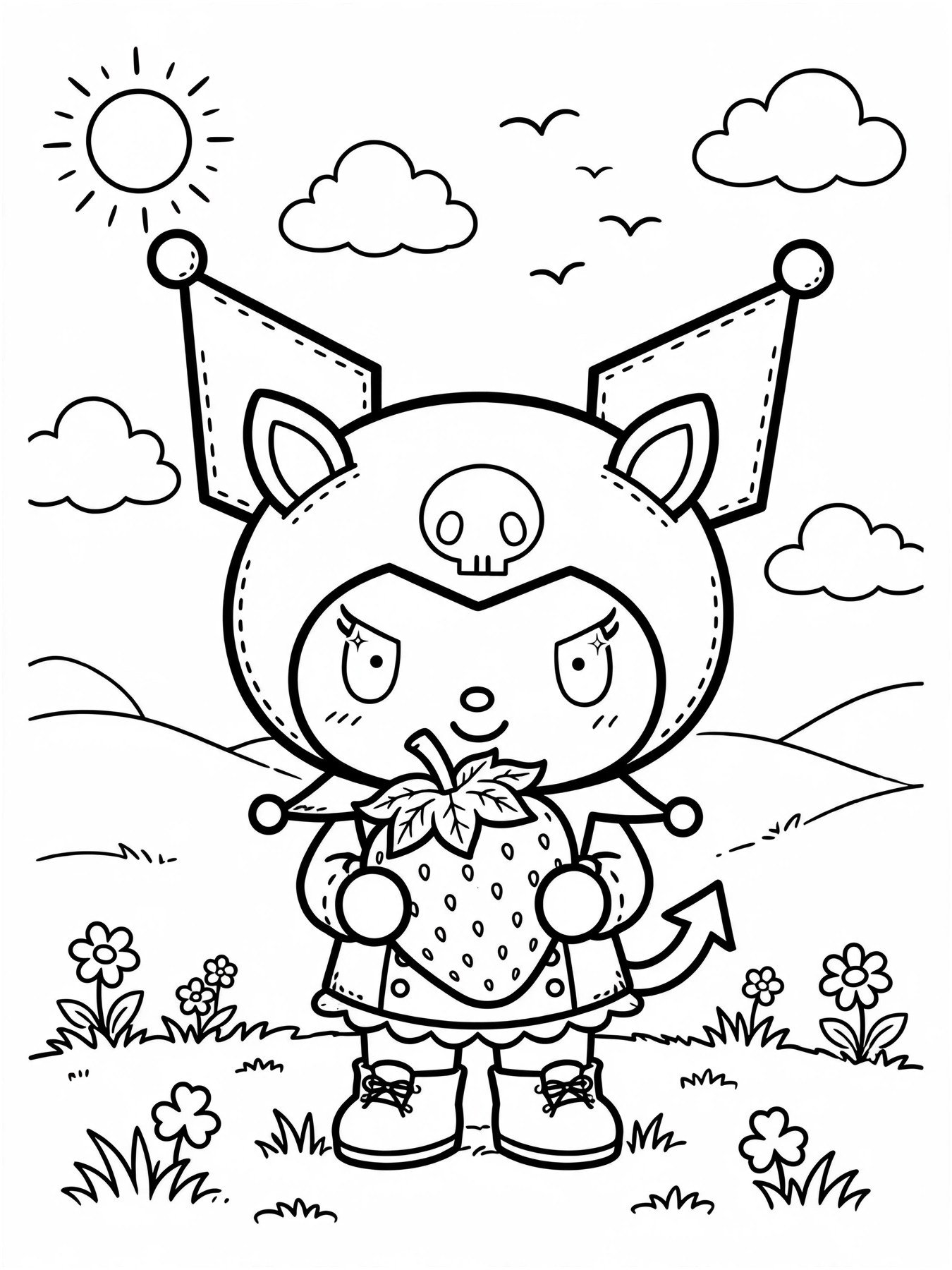Desenho de Kuromi com morango para colorir