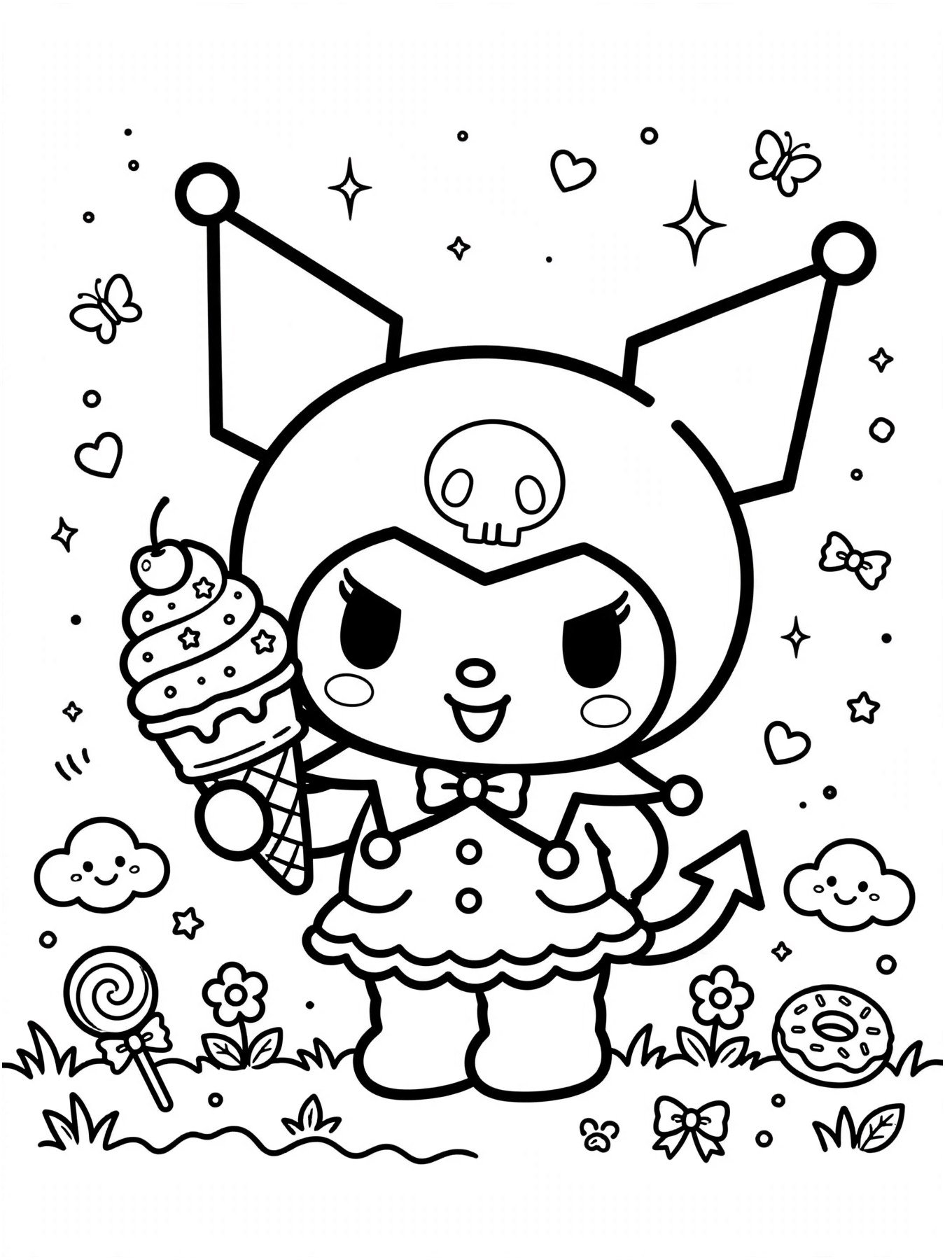 Desenho de Kuromi com sorvete para colorir