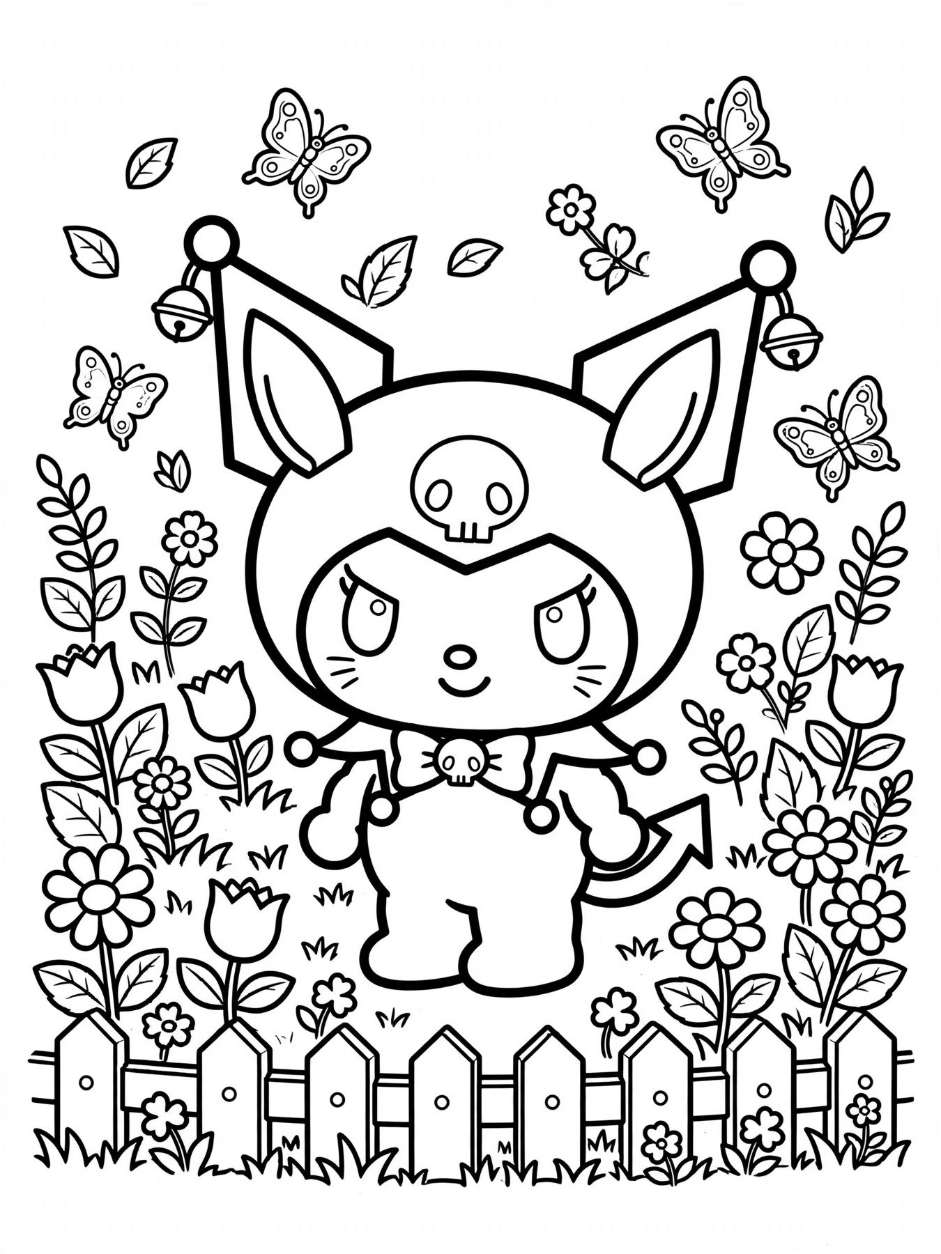Desenho de Kuromi no jardim para colorir