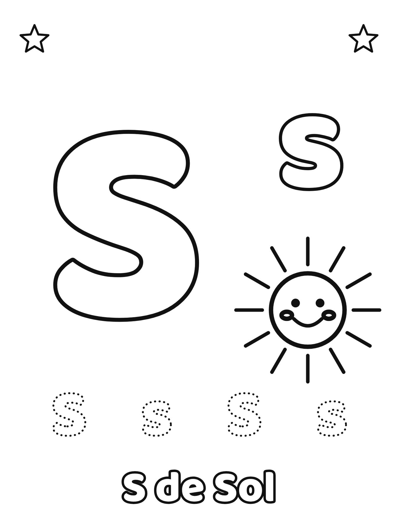 Letra S maiúscula e minúscula para colorir com a palavra Sol