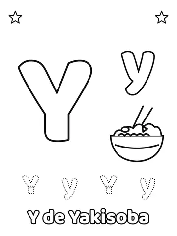Letra Y maiúscula e minúscula para colorir com a palavra Yakisoba
