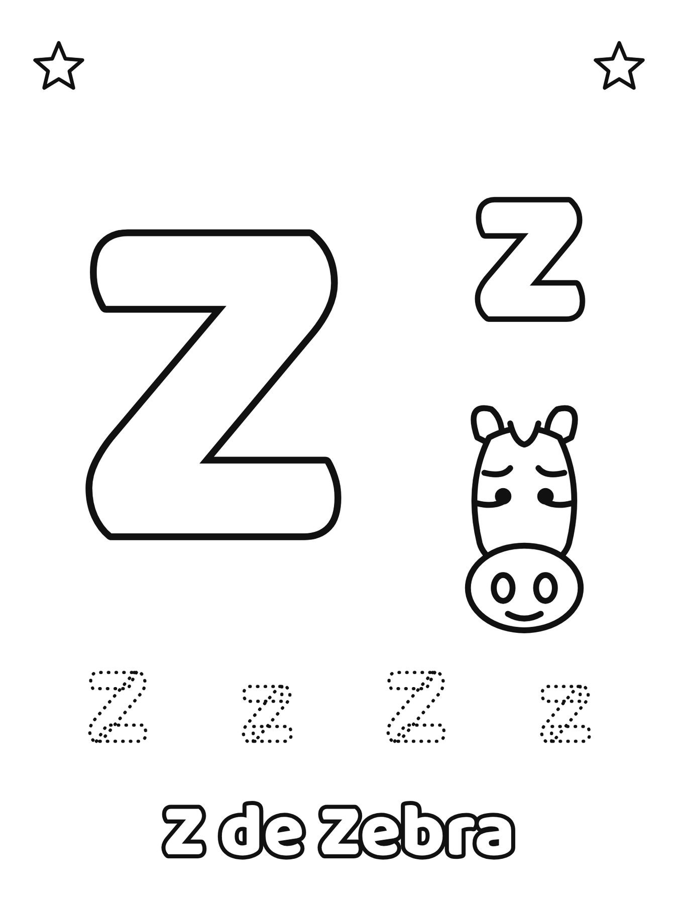 Letra Z maiúscula e minúscula para colorir com a palavra Zebra