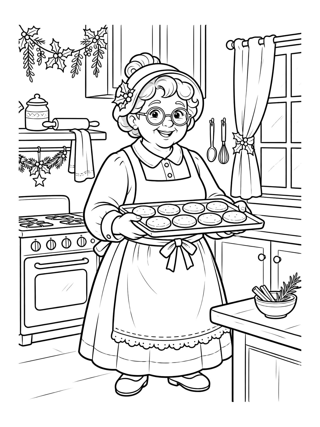Desenho de mamãe Noel com bandeja de biscoitos para colorir