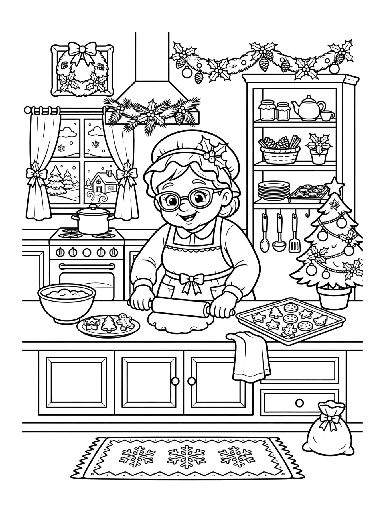 Desenho de mamãe Noel fazendo biscoitos para colorir