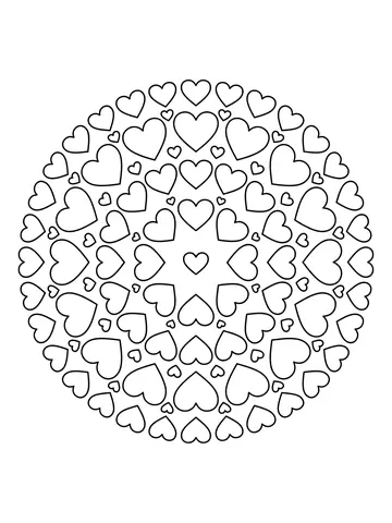 Desenho de mandala de corações para colorir