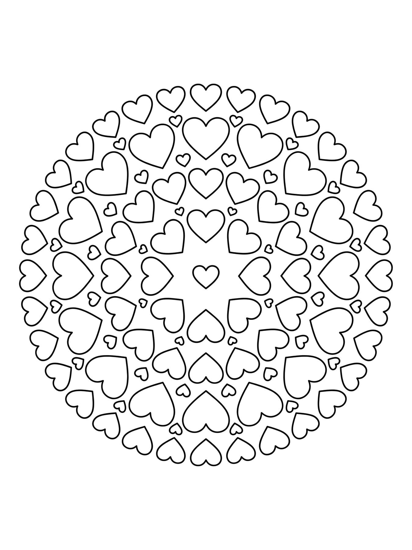 Desenho de mandala de corações para colorir