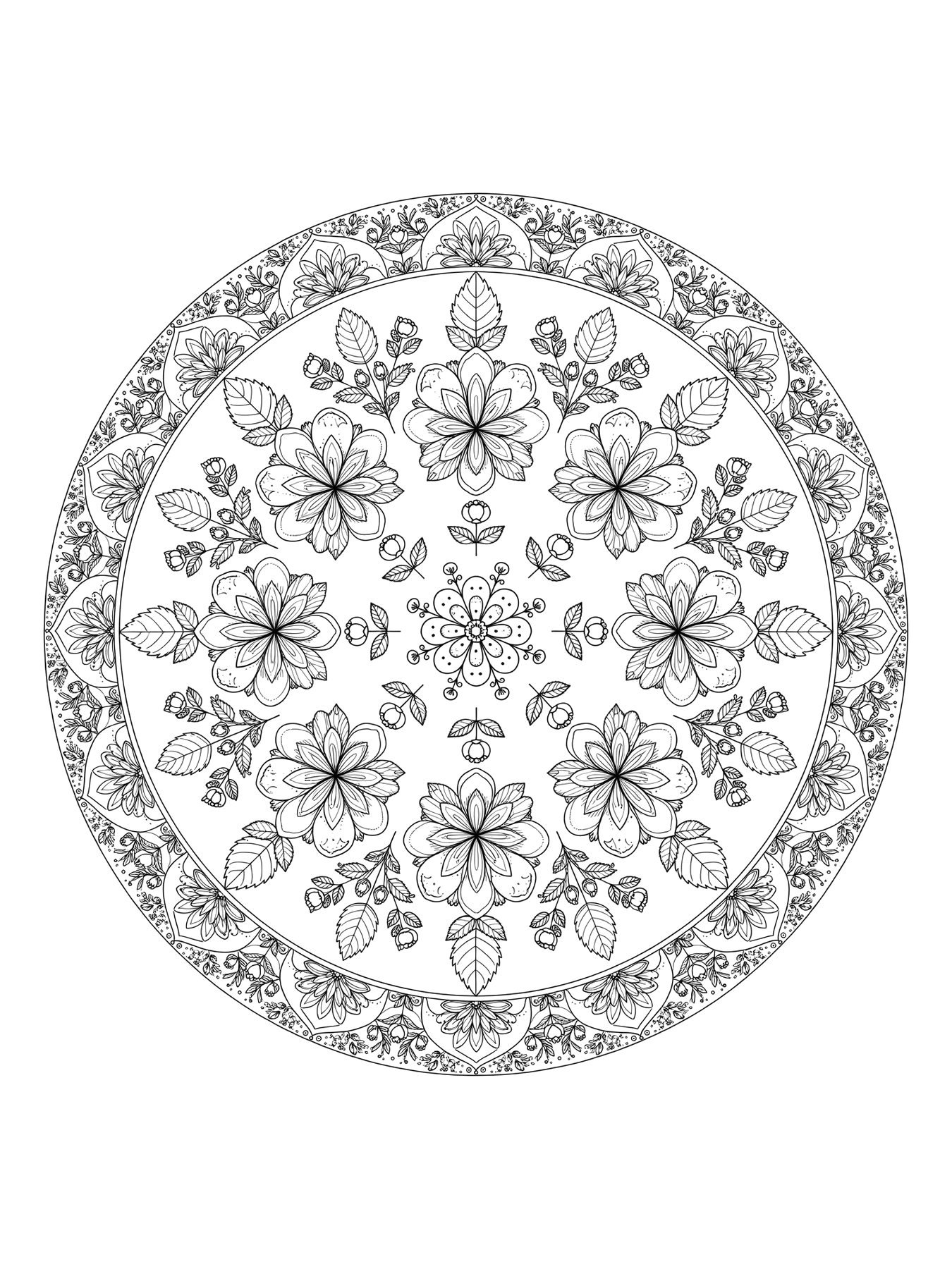 Desenho de mandala de flores detalhada para colorir