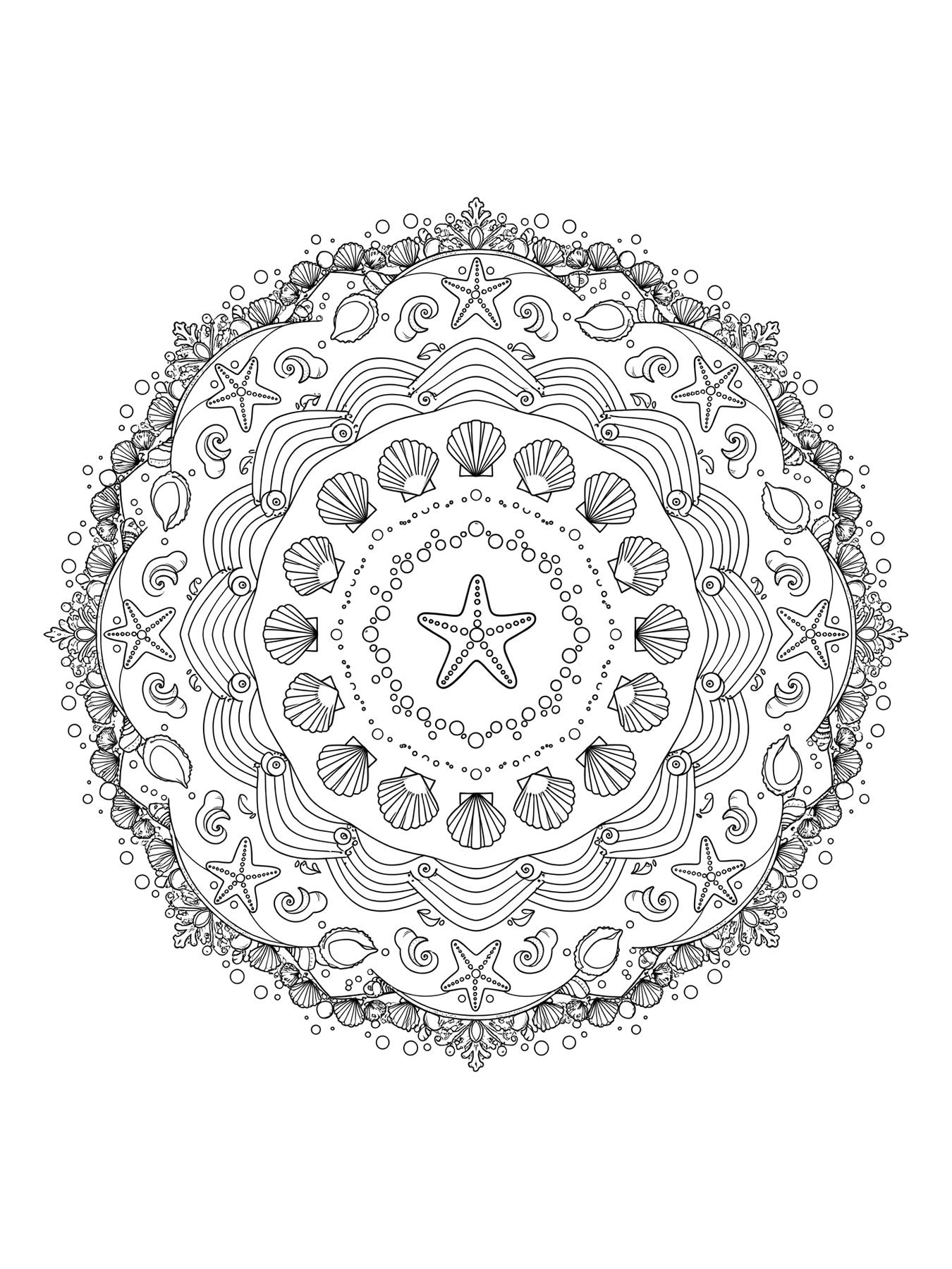 Desenho de mandala de oceano com conchas para colorir
