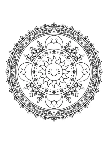Desenho de mandala de sol e lua para colorir