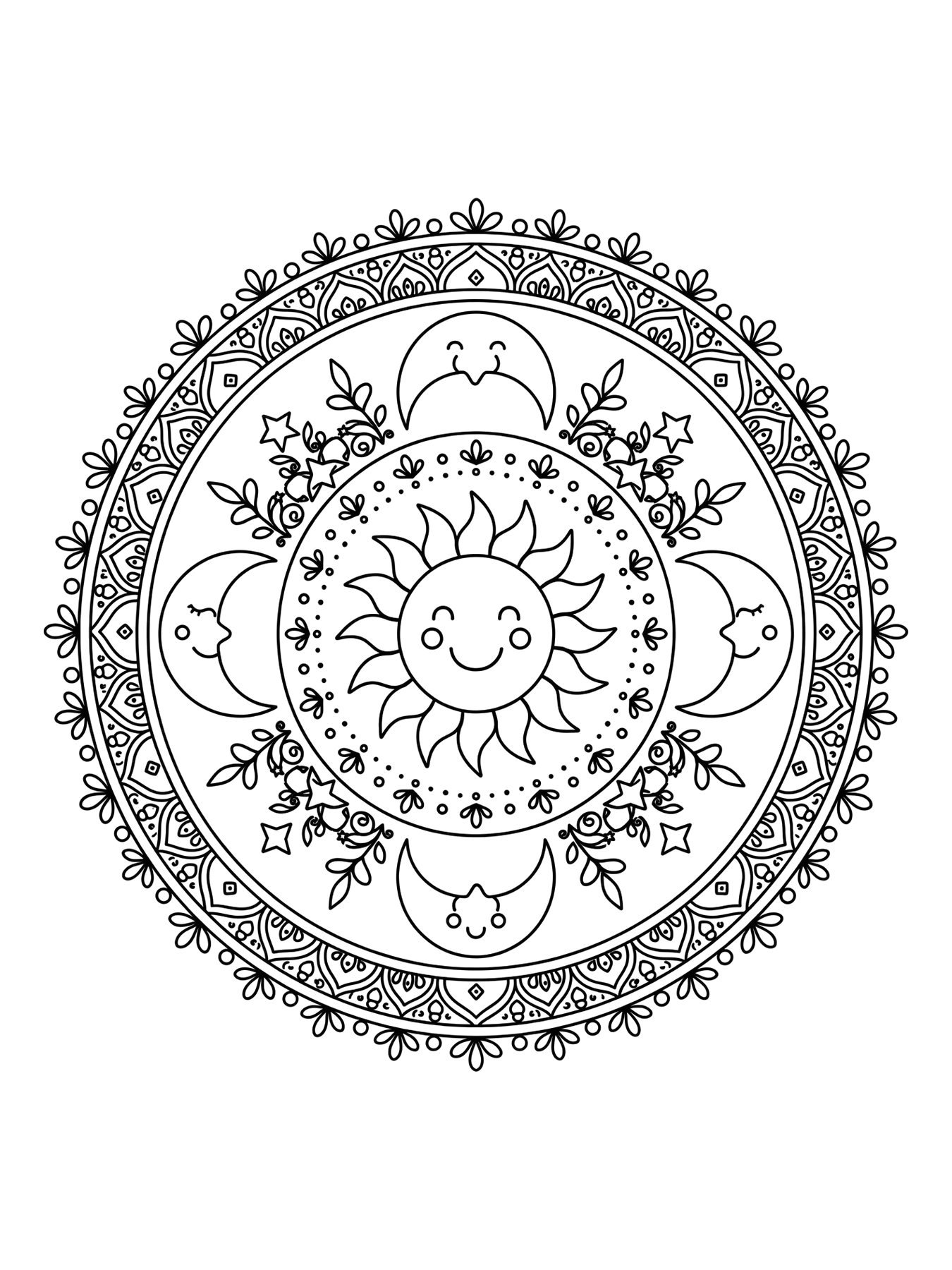 Desenho de mandala de sol e lua para colorir