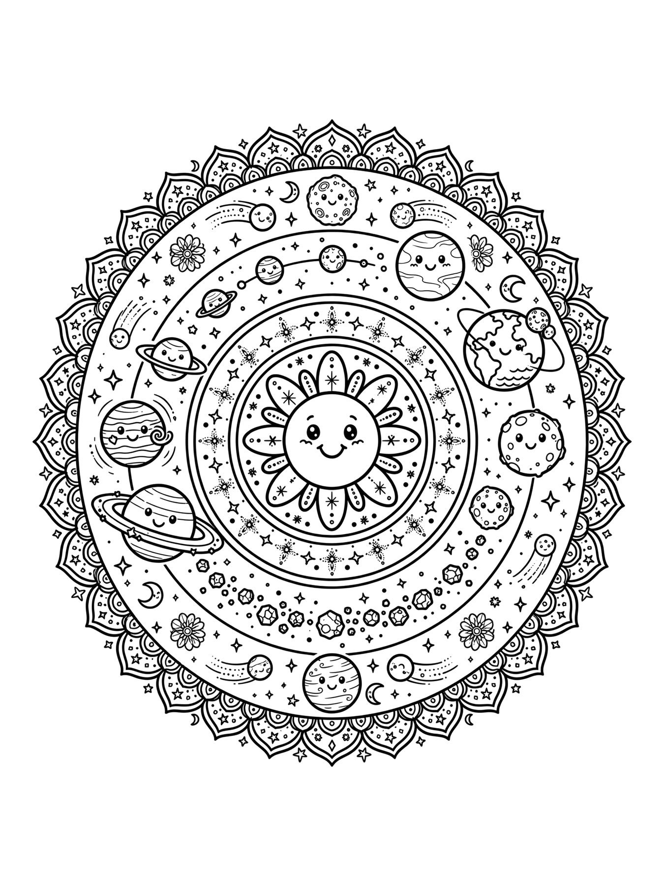 Desenho de mandala do sistema solar com planetas e estrelas para colorir
