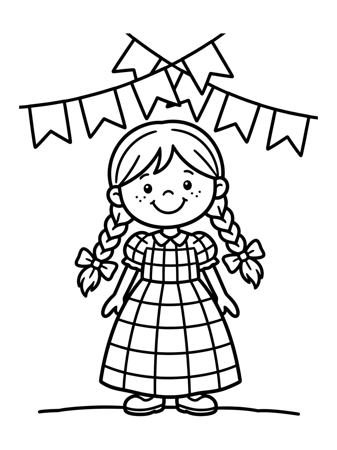 Desenho de menina caipira com tranças e vestido xadrez para colorir