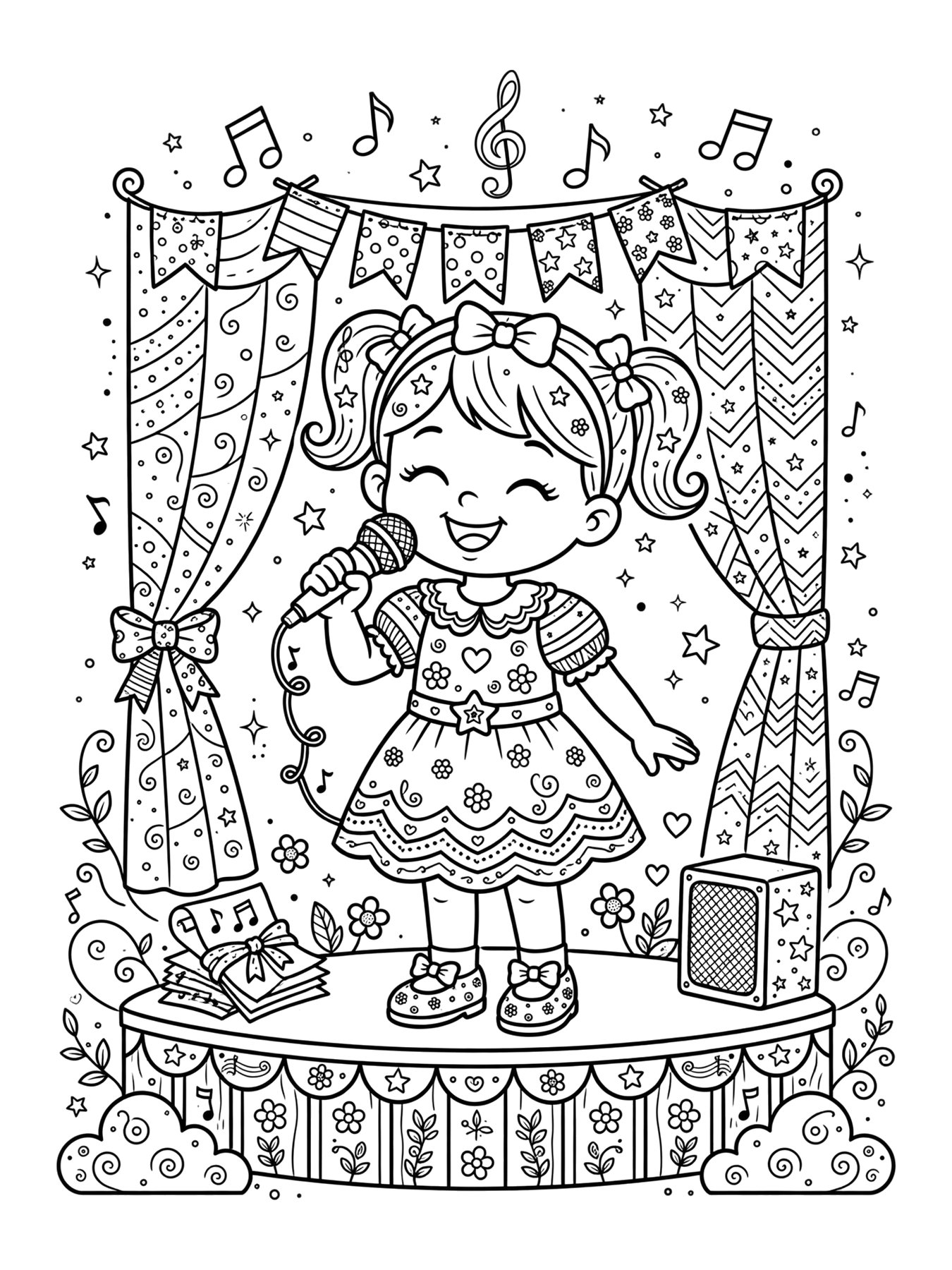 Desenho de menina cantora com microfone para colorir