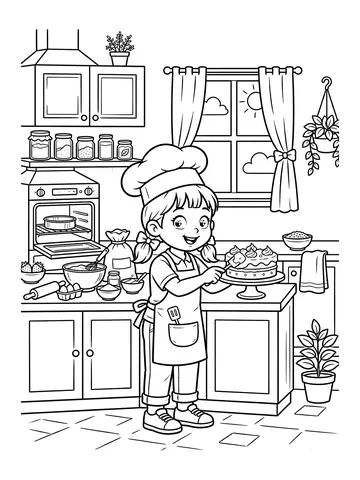 Desenho de menina chef fazendo bolo para colorir
