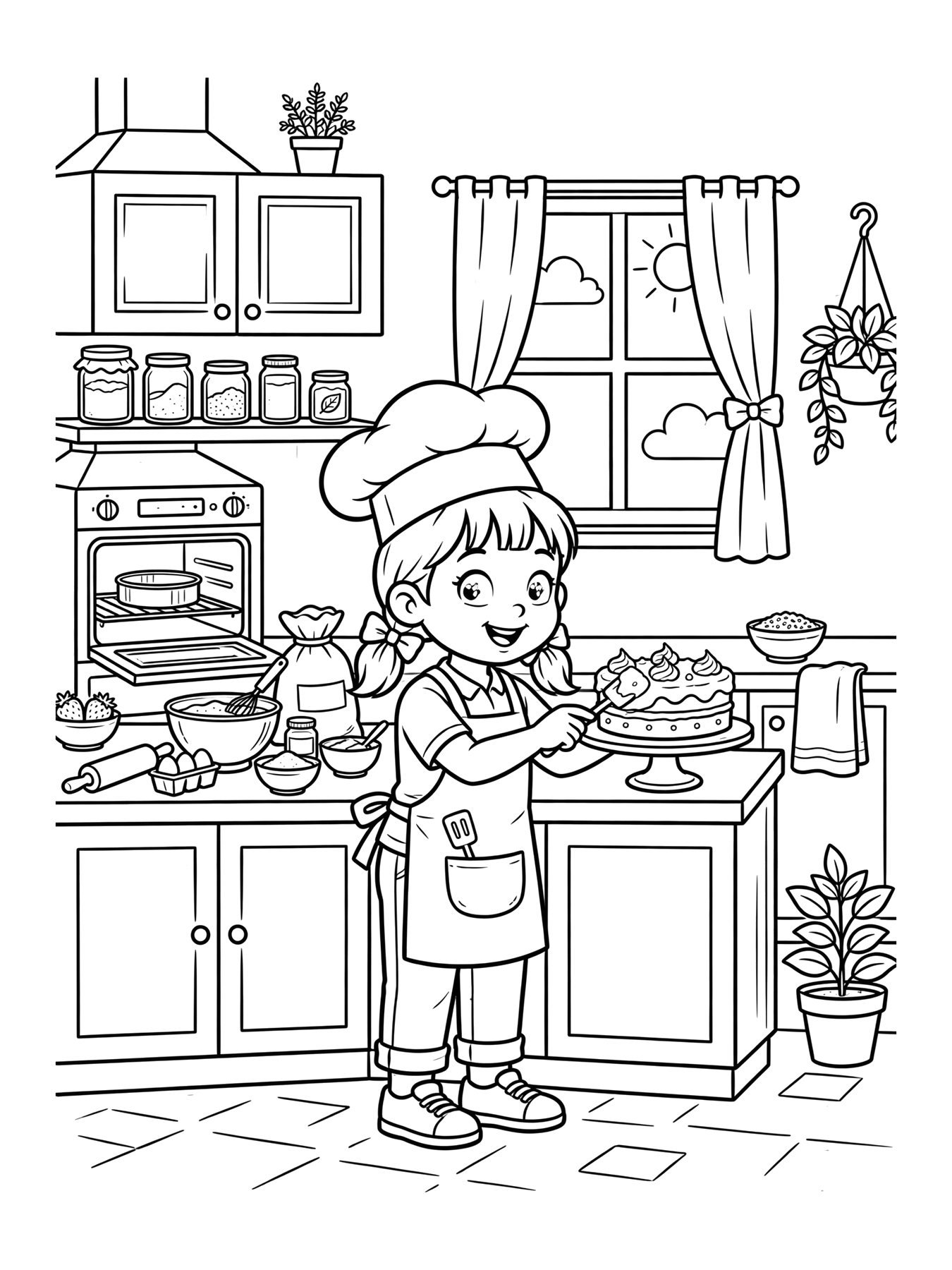 Desenho de menina chef fazendo bolo para colorir