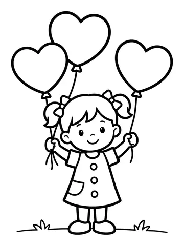 Desenho de menina com balões de coração para colorir