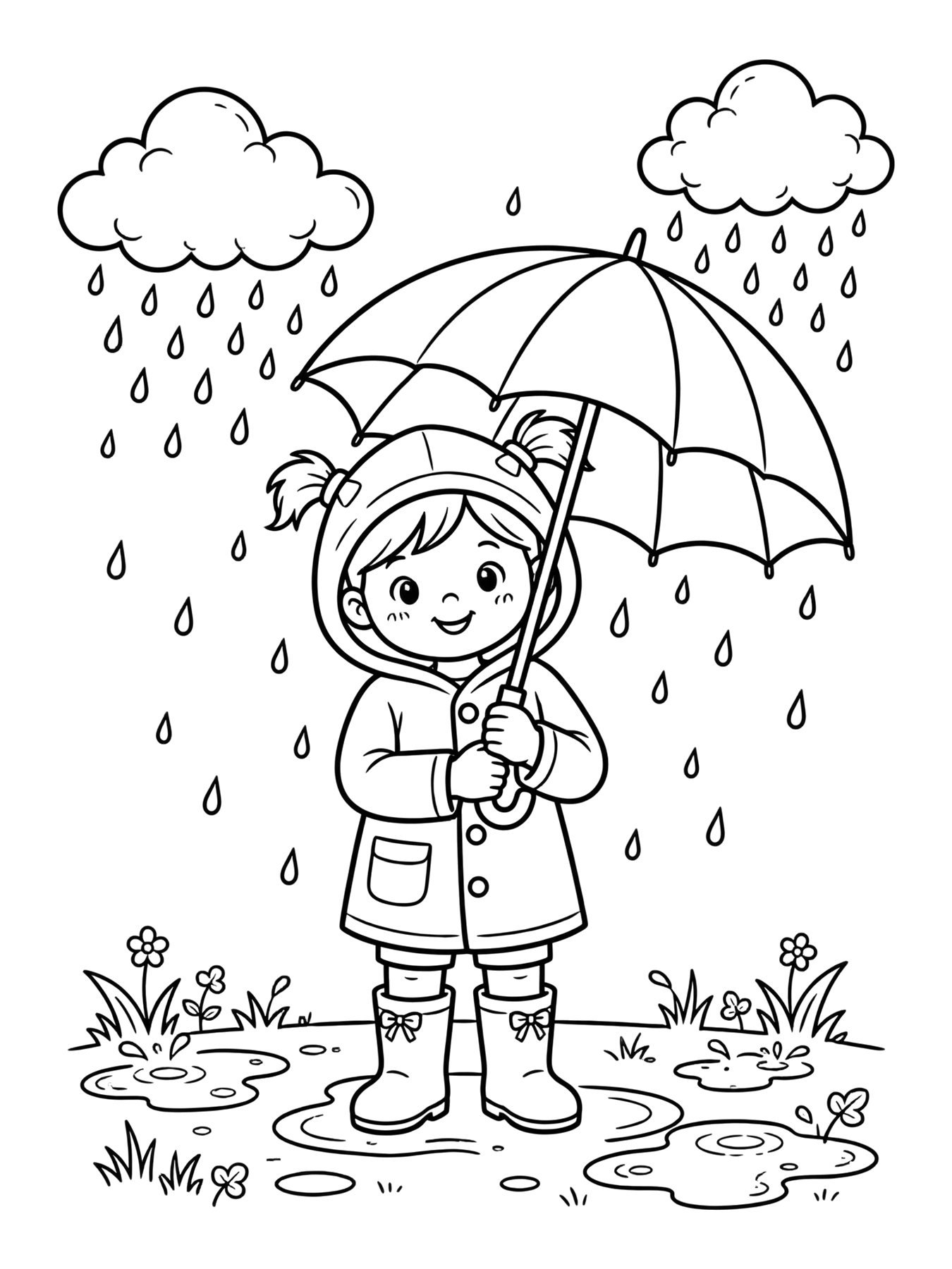 Desenho de menina com guarda-chuva na chuva para colorir