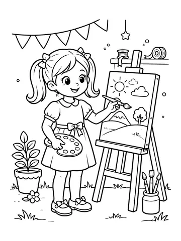 Desenho de menina pintando um quadro para colorir