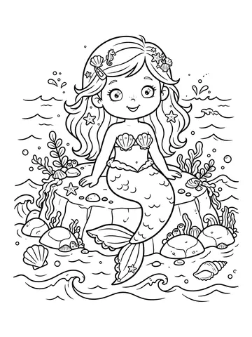 Desenho de menina sereia na pedra para colorir