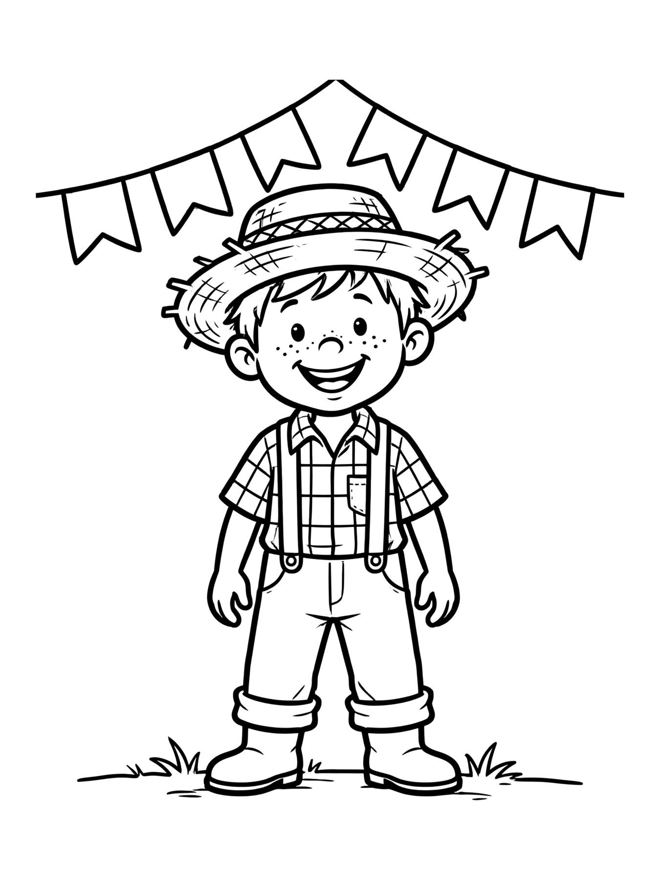 Desenho de menino caipira com chapéu de palha para colorir