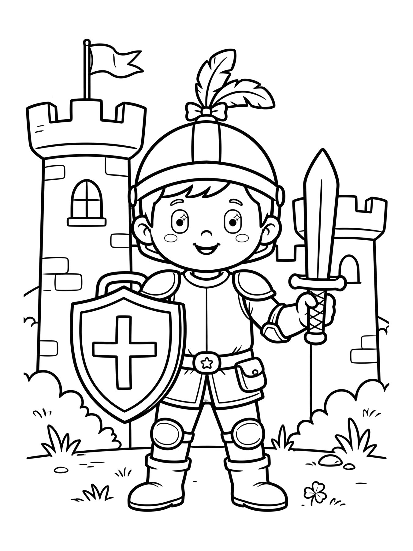 Desenho de menino cavaleiro com escudo para colorir