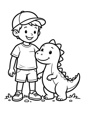 Desenho de menino com dinossauro de estimação para colorir