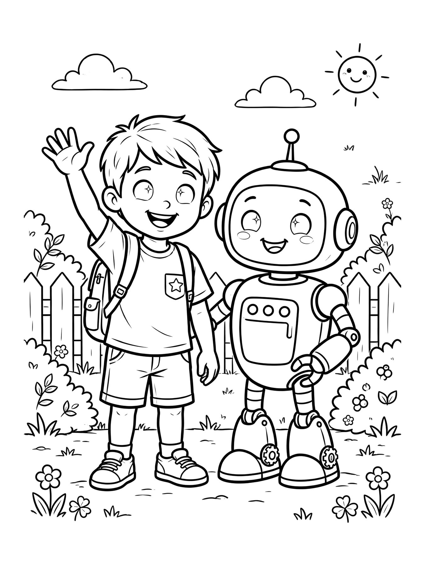 Desenho de menino com robô amigo para colorir