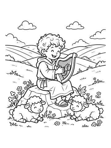 Desenho de menino Davi com a harpa para colorir