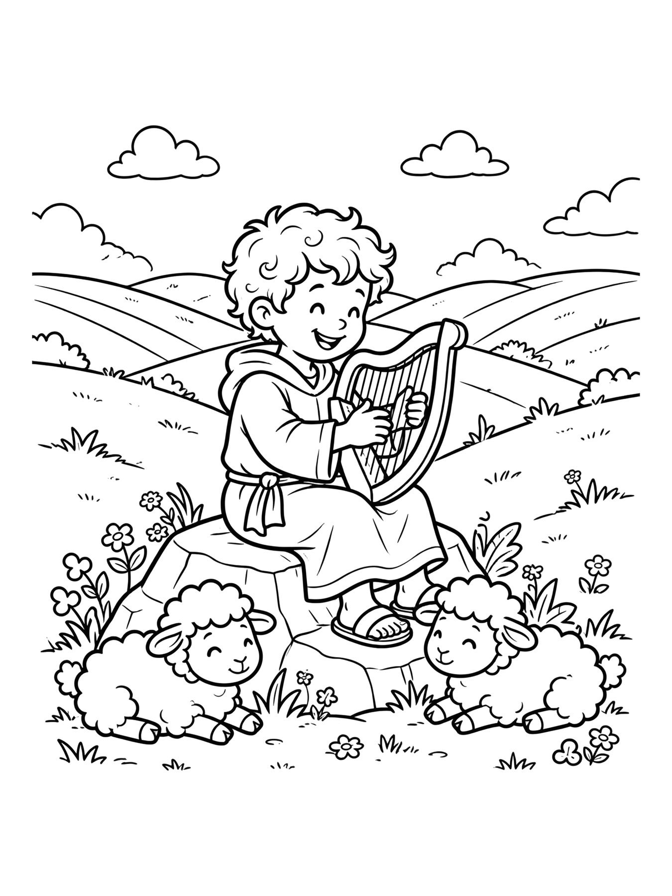 Desenho de menino Davi com a harpa para colorir