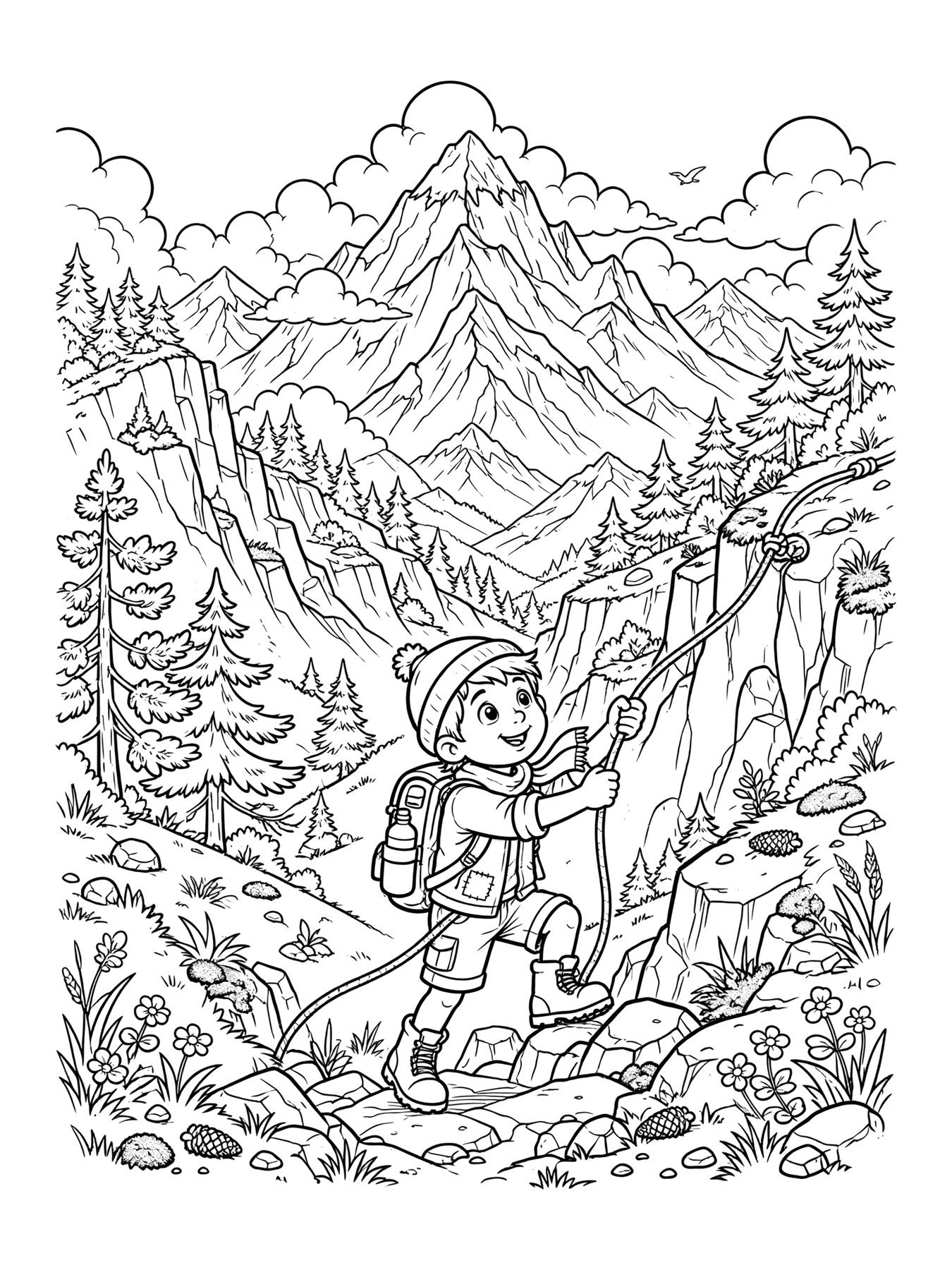 Desenho de menino escalando montanha para colorir