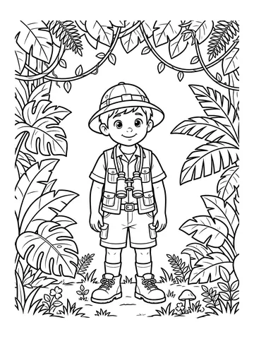 Desenho de menino explorador na selva para colorir