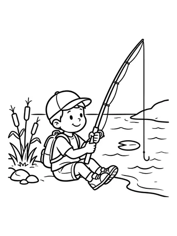 Desenho de menino pescando no lago para colorir