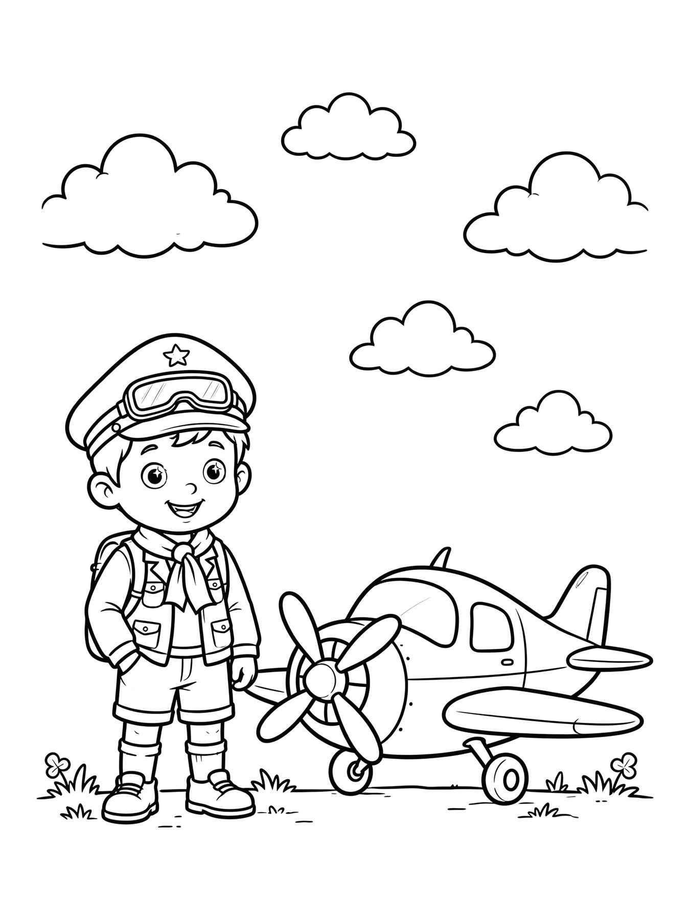 Desenho de menino piloto de avião para colorir