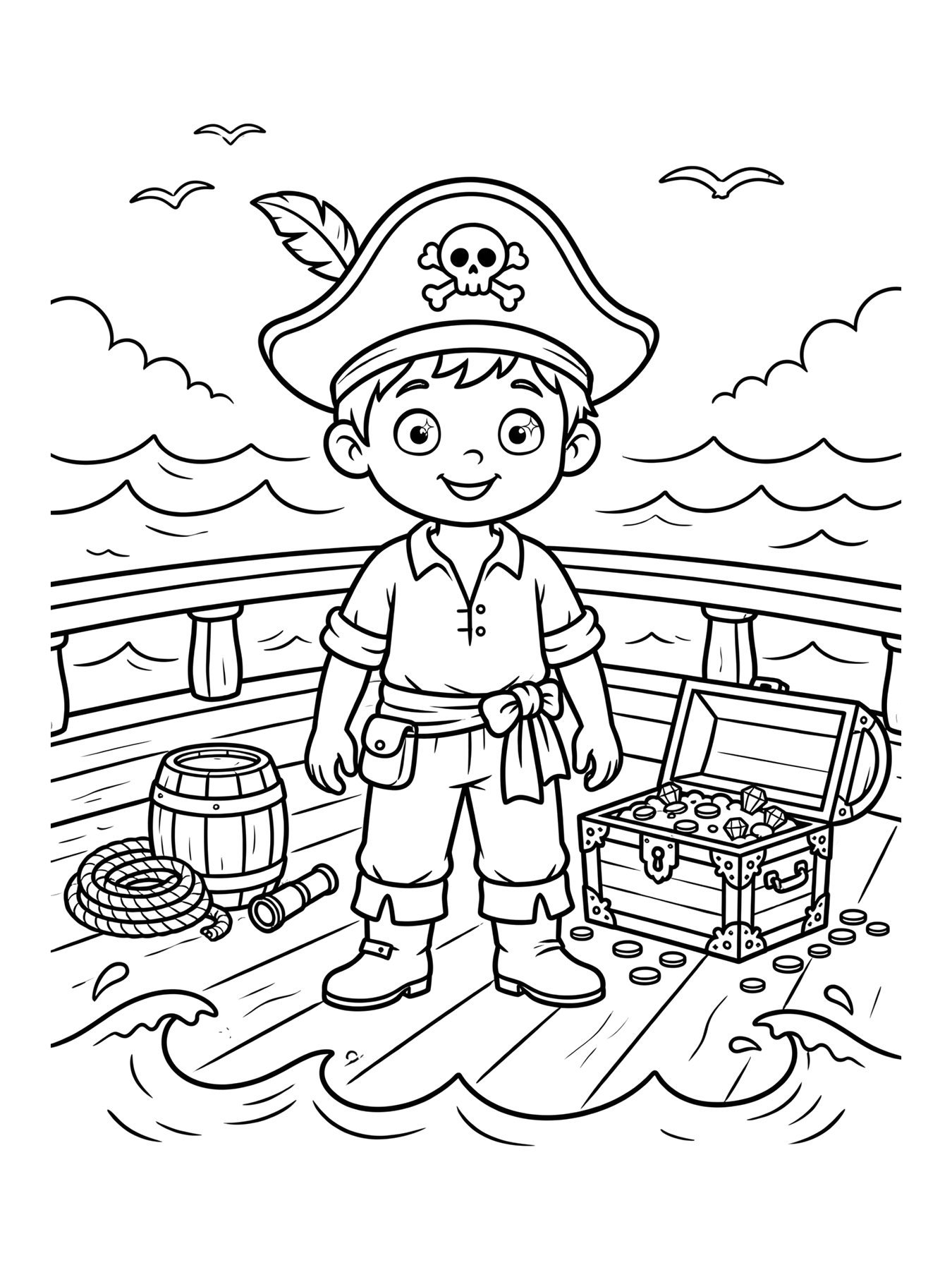 Desenho de menino pirata no navio para colorir