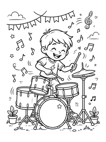 Desenho de menino tocando bateria para colorir