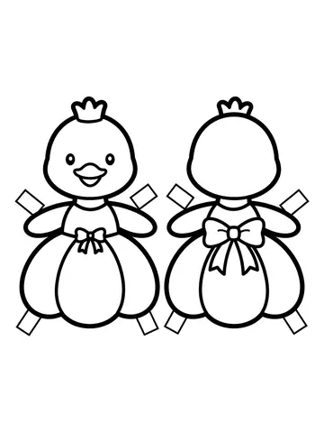 Desenho de molde de paper duck com fantasia de princesa, frente e verso para colorir