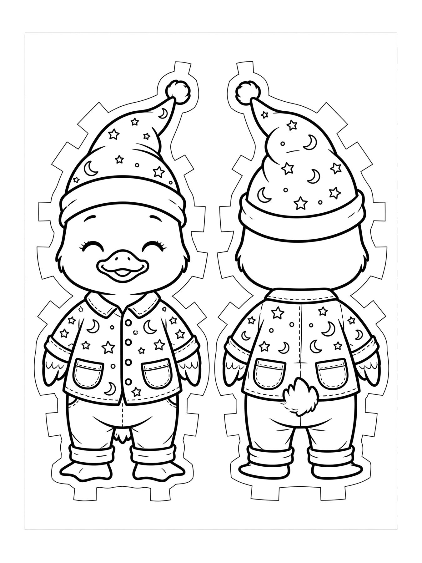 Desenho de molde de paper duck com pijama, frente e verso para colorir